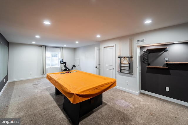 rec room featuring recessed lighting, light colored carpet, visible vents, and baseboards