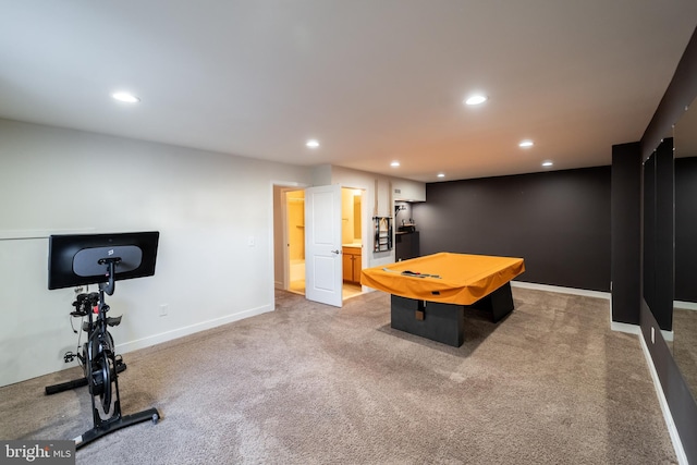 recreation room featuring baseboards, carpet, and recessed lighting