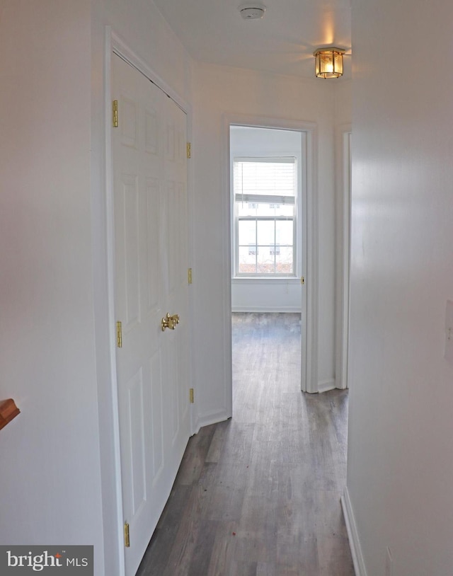 hallway with baseboards and wood finished floors