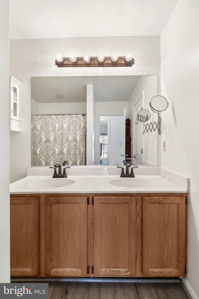 bathroom with wood finished floors, a sink, and double vanity