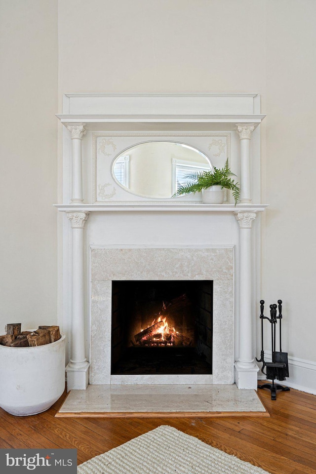 room details with a fireplace, baseboards, and wood finished floors