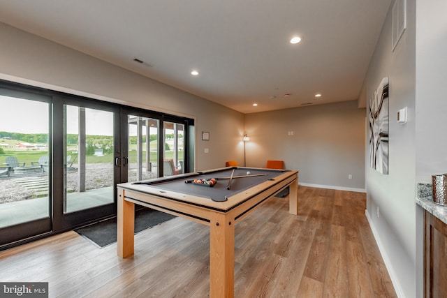 rec room featuring french doors, recessed lighting, pool table, light wood-style flooring, and baseboards