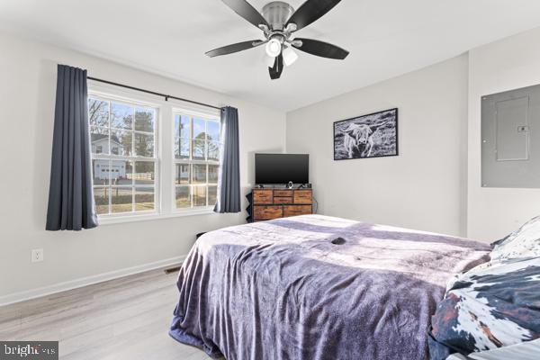 bedroom with a ceiling fan, electric panel, baseboards, and wood finished floors