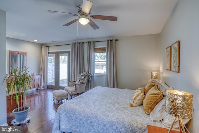 bedroom with access to exterior, ceiling fan, recessed lighting, french doors, and wood finished floors