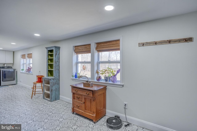 kitchen featuring recessed lighting, washer / clothes dryer, a healthy amount of sunlight, and baseboards