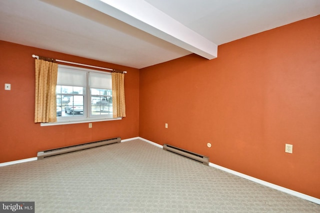 carpeted spare room with baseboards, beamed ceiling, and baseboard heating