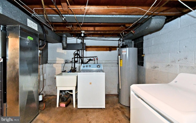 interior space with water heater, a sink, washer / dryer, and heating unit