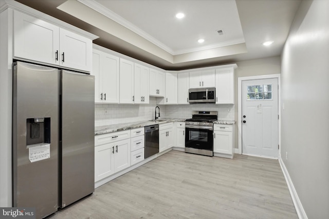 kitchen featuring ornamental molding, a sink, a tray ceiling, stainless steel appliances, and backsplash