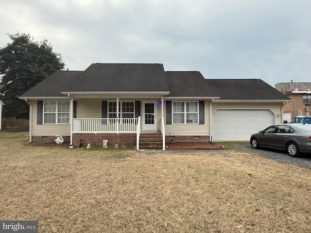 ranch-style home featuring a porch, an attached garage, a shingled roof, crawl space, and a front yard