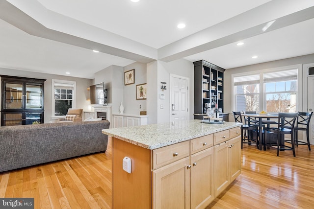 kitchen with light stone counters, plenty of natural light, and light wood finished floors