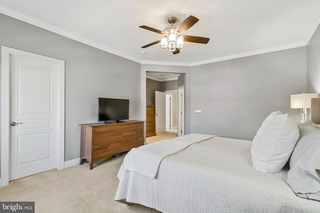 bedroom with light carpet, ceiling fan, crown molding, and baseboards