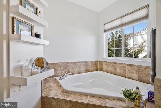 full bath featuring a garden tub and ornamental molding