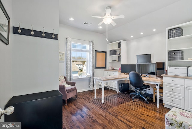 office area featuring dark wood-style floors, visible vents, recessed lighting, and lofted ceiling