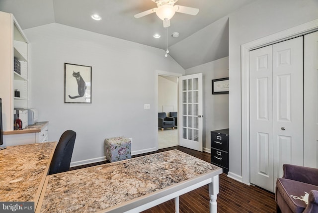 home office with a ceiling fan, recessed lighting, french doors, lofted ceiling, and dark wood-style flooring