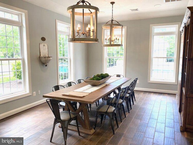 dining area with visible vents, plenty of natural light, baseboards, and dark wood-style flooring