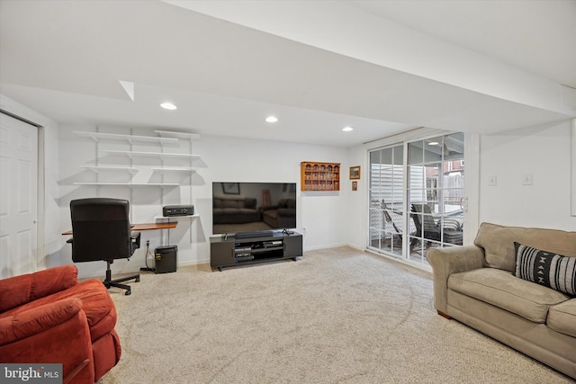 office area with baseboards, carpet floors, and recessed lighting