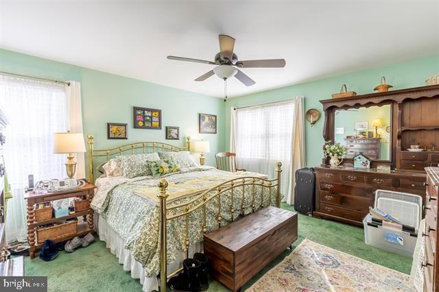 bedroom with carpet floors and a ceiling fan