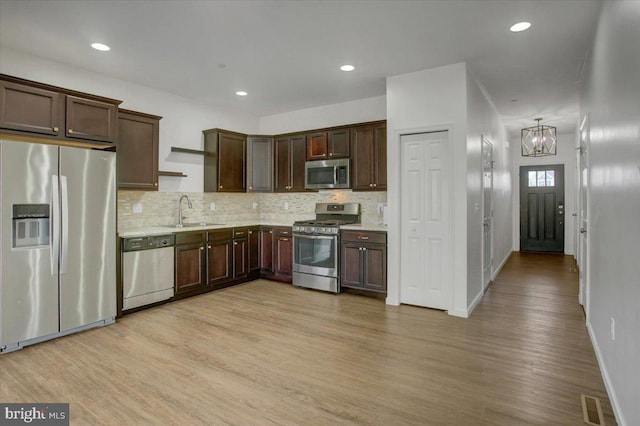 kitchen with stainless steel appliances, light countertops, a sink, and dark brown cabinets