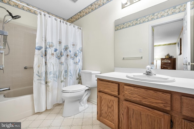 bathroom with vanity, toilet, and shower / bathtub combination with curtain