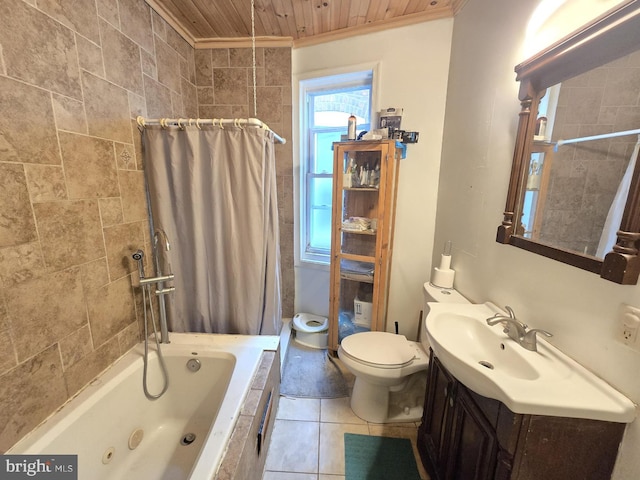 full bath with tile patterned flooring, wood ceiling, toilet, vanity, and tiled shower / bath