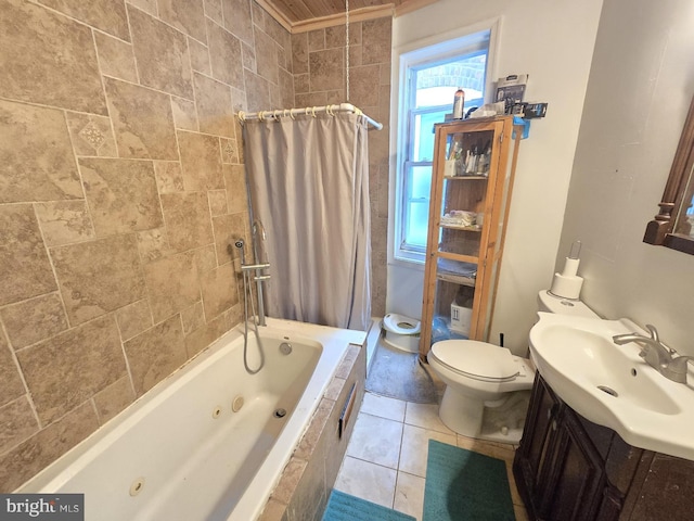 bathroom featuring tile patterned floors, vanity, toilet, and a combined bath / shower with jetted tub