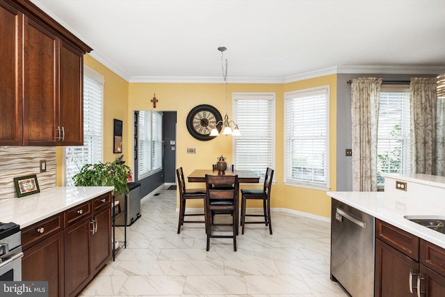 kitchen featuring marble finish floor, crown molding, light countertops, dishwasher, and baseboards