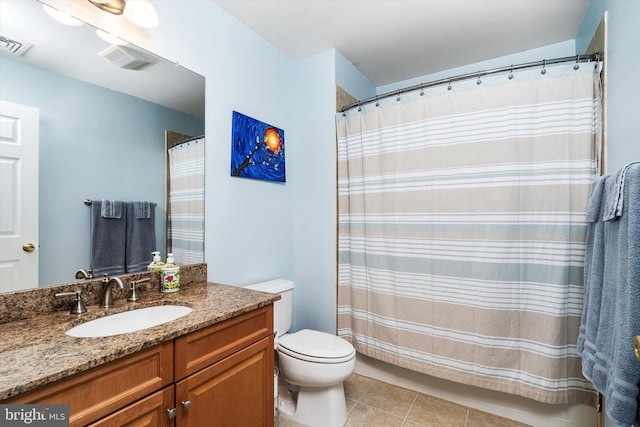 full bath featuring visible vents, vanity, toilet, and tile patterned floors