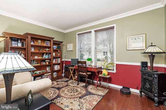 home office with crown molding, baseboards, and wood finished floors