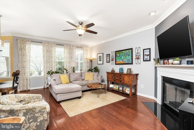 living room with baseboards, a fireplace with raised hearth, wood finished floors, and crown molding