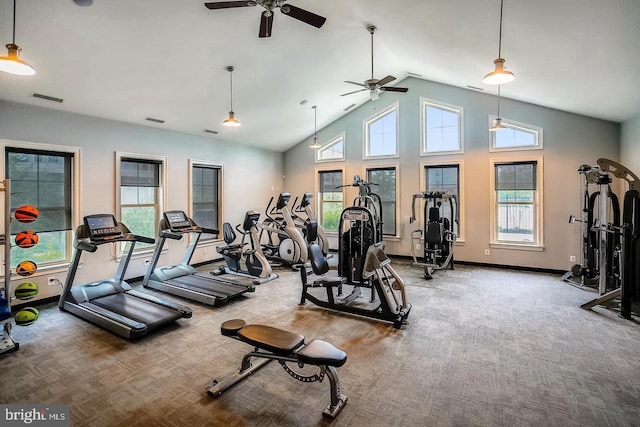 gym with ceiling fan, carpet flooring, visible vents, and high vaulted ceiling