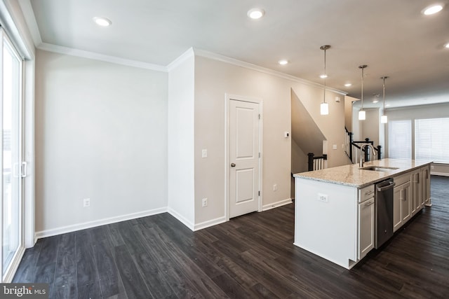 kitchen with light stone counters, baseboards, stainless steel dishwasher, dark wood-style floors, and crown molding