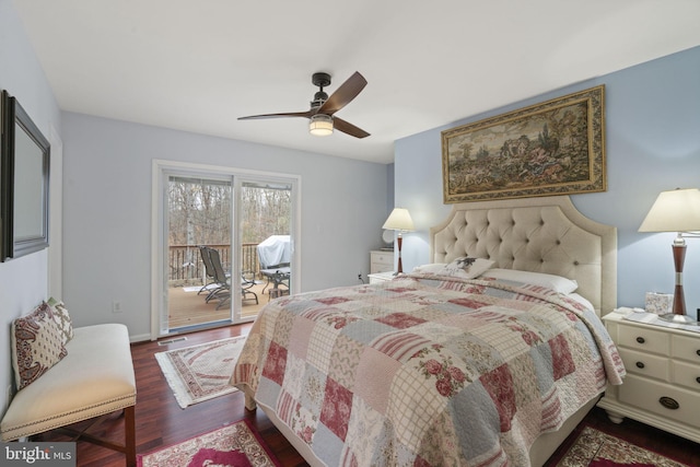 bedroom with a ceiling fan, wood finished floors, baseboards, visible vents, and access to exterior