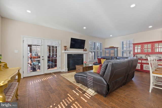 living room featuring a glass covered fireplace, french doors, recessed lighting, and wood-type flooring