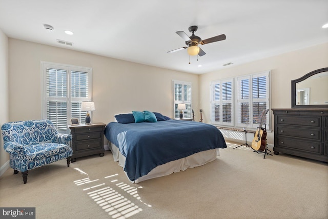 bedroom with a ceiling fan, recessed lighting, carpet, and visible vents