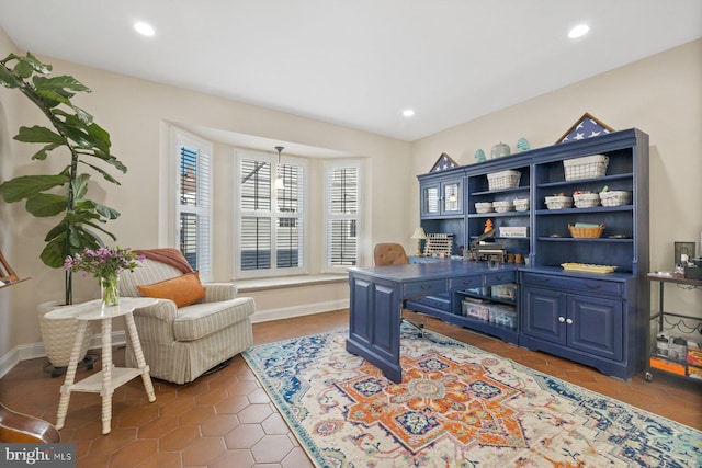 office featuring tile patterned floors, recessed lighting, and baseboards