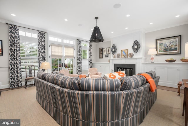 809 Cornell St, Fredericksburg, VA 22401 - living room featuring crown molding, recessed lighting, and a fireplace