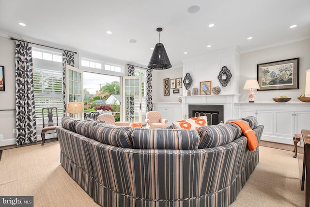 809 Cornell St, Fredericksburg, VA 22401 - living area featuring crown molding, a fireplace, and recessed lighting