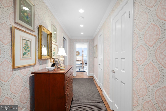 809 Cornell St, Fredericksburg, VA 22401 - corridor featuring recessed lighting, wallpapered walls, ornamental molding, and wood finished floors