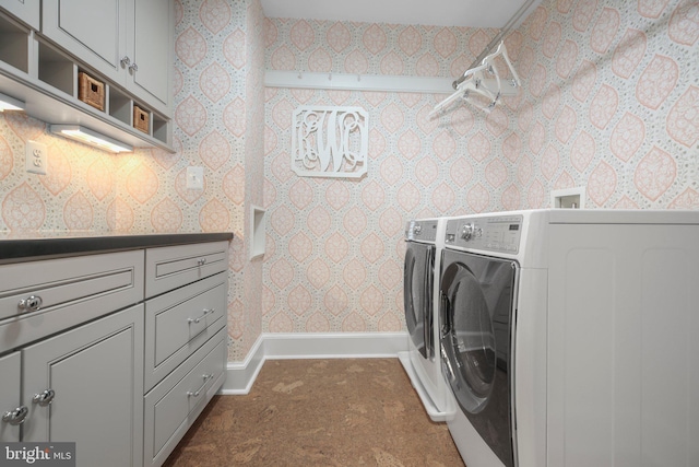 809 Cornell St, Fredericksburg, VA 22401 - clothes washing area with baseboards, cabinet space, and washing machine and dryer