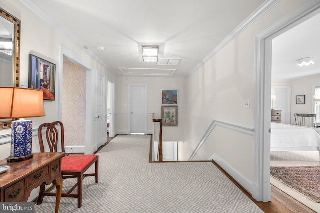 809 Cornell St, Fredericksburg, VA 22401 - corridor with baseboards, ornamental molding, and an upstairs landing