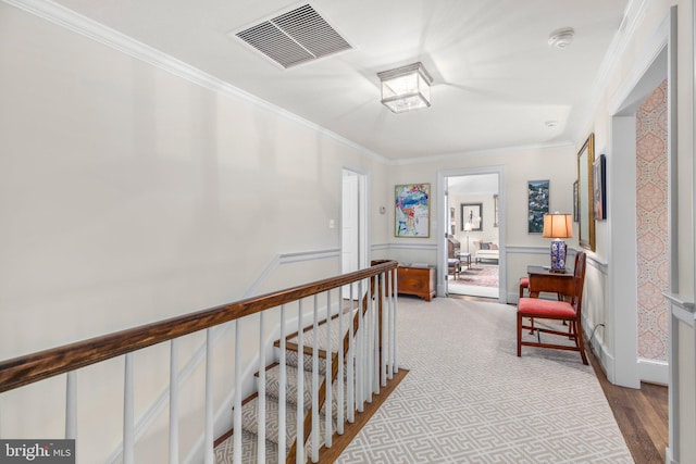 809 Cornell St, Fredericksburg, VA 22401 - hall featuring visible vents, crown molding, wood finished floors, a wainscoted wall, and an upstairs landing