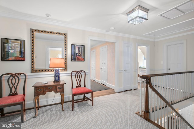 809 Cornell St, Fredericksburg, VA 22401 - living area featuring crown molding, baseboards, attic access, and an upstairs landing