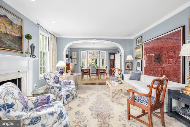 809 Cornell St, Fredericksburg, VA 22401 - living room featuring arched walkways, a wealth of natural light, and ornamental molding
