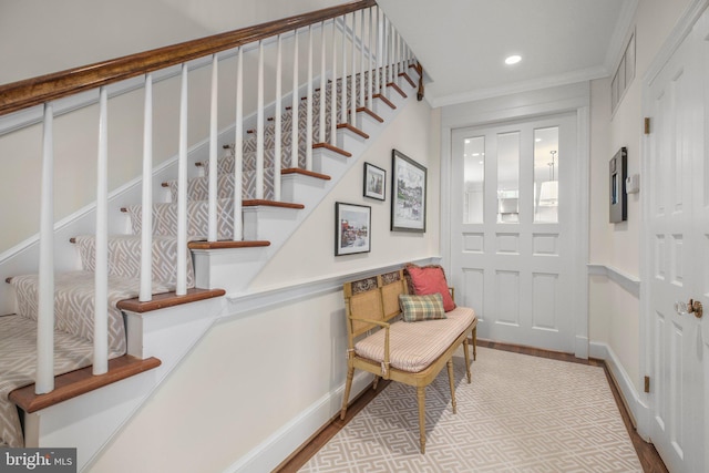 809 Cornell St, Fredericksburg, VA 22401 - entryway featuring visible vents, stairs, wood finished floors, ornamental molding, and recessed lighting