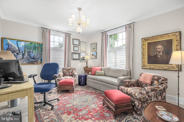 809 Cornell St, Fredericksburg, VA 22401 - living area with crown molding, baseboards, and an inviting chandelier