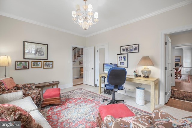 809 Cornell St, Fredericksburg, VA 22401 - office area with crown molding, baseboards, and a chandelier