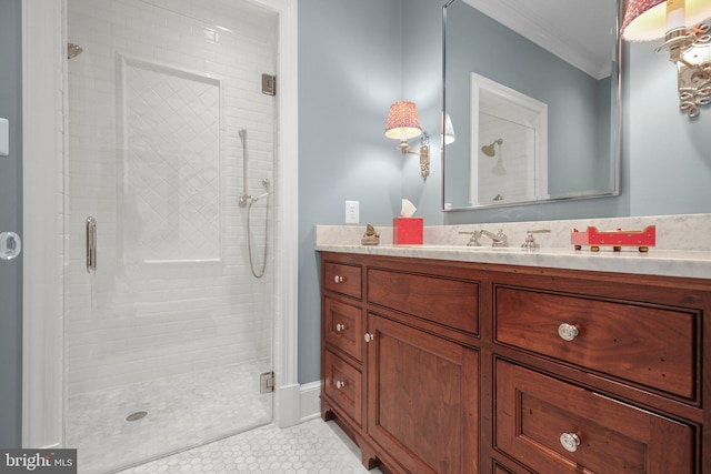 809 Cornell St, Fredericksburg, VA 22401 - full bath with vanity, ornamental molding, a shower stall, and tile patterned flooring