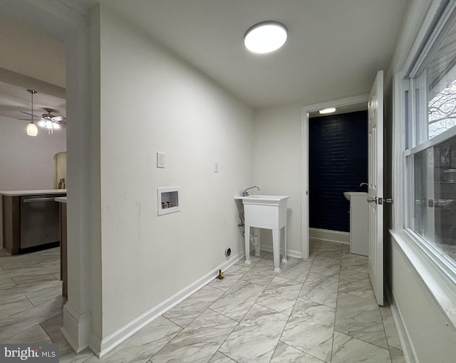 laundry room with laundry area, baseboards, a ceiling fan, marble finish floor, and washer hookup