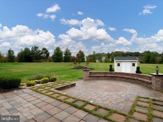 view of patio with a shed and an outdoor structure