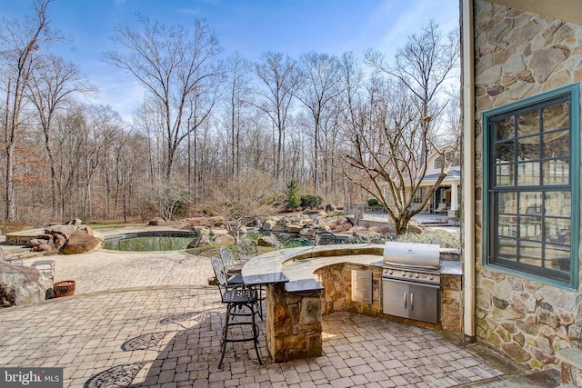 view of patio / terrace with an outdoor pool, grilling area, exterior kitchen, and outdoor wet bar